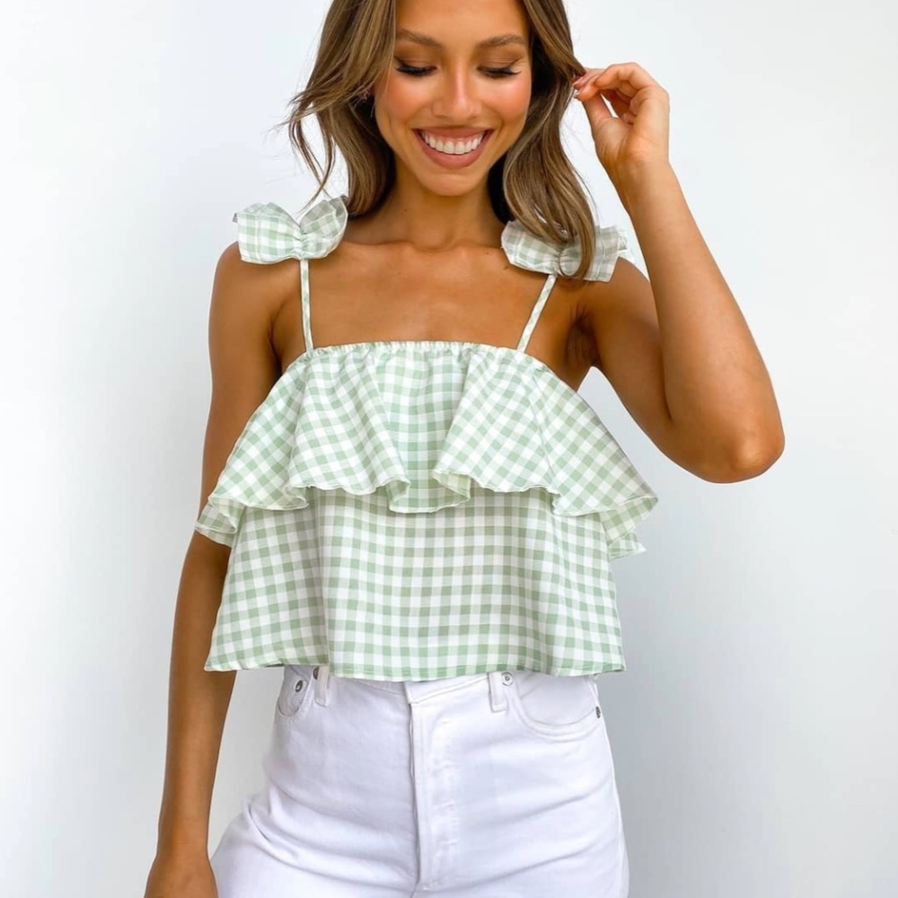 Petal & Pup Green Gingham Ruffle Tie-Strap Tank Top